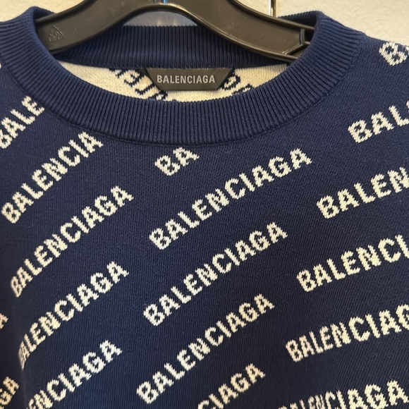 ❌SOLD❌ Balenciaga Mirror Mini Allover Logo Knit Jacquard Sweater Blue, NWT - Picture 4 of 5